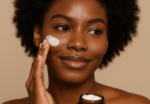 Zwarte vrouw met gezonde huid gebruikt natuurlijke skincare producten
