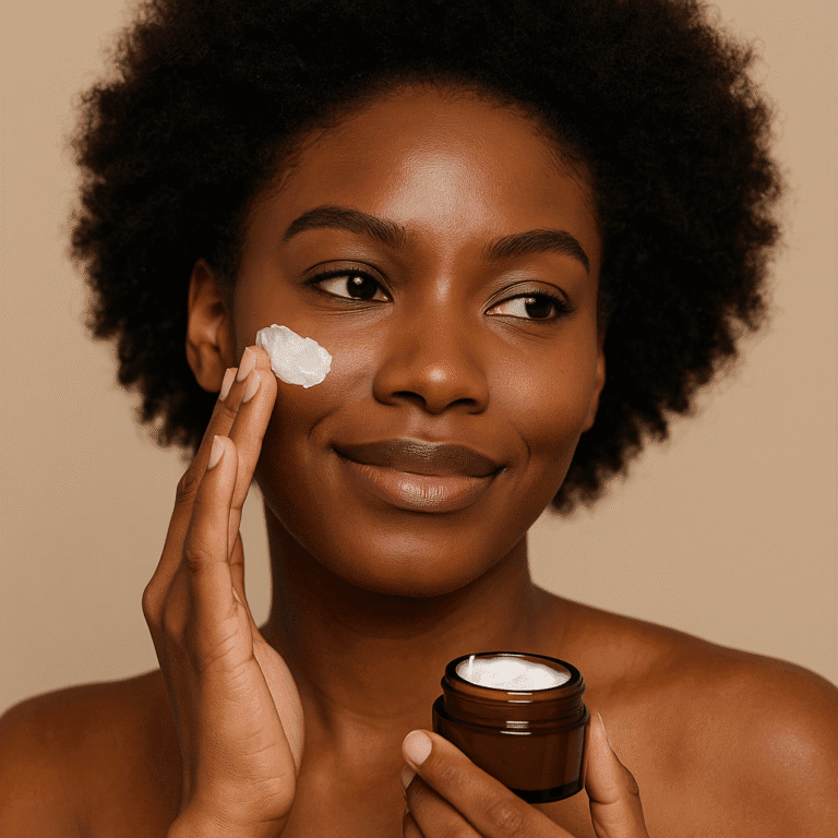 Zwarte vrouw met gezonde huid gebruikt natuurlijke skincare producten